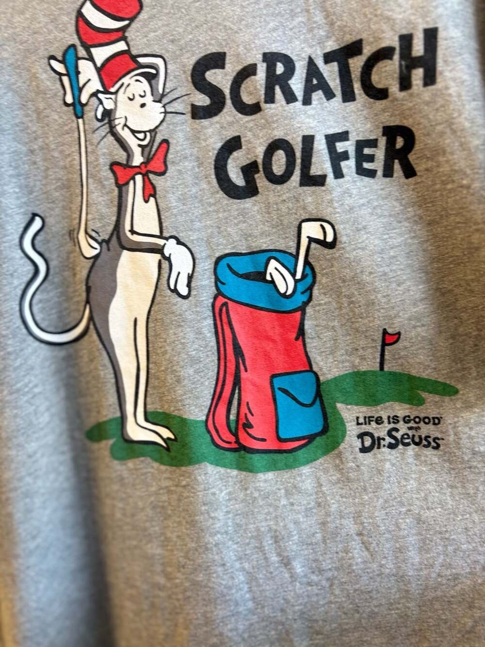 Life is Good Dr. Seuss Cat Scratch Golfer T-Shirt Size L Gray